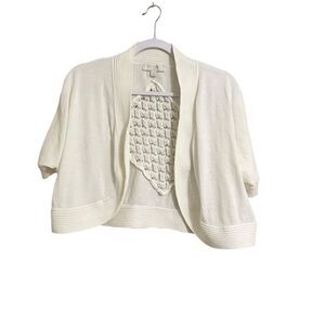 Pinque Cropped Cardigan Women's L/XL Cream‎ Crochet Lightweight 3/4 Sleeve